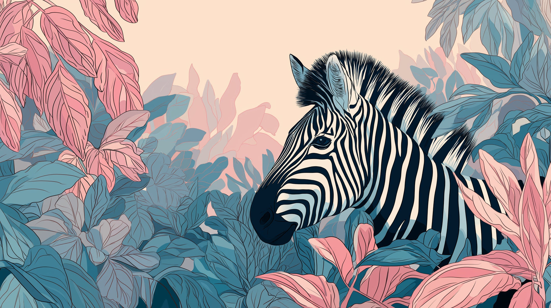 Detailed zebra jungle mural wallpaper design pattern with tropical leaves by Kids-Mundo