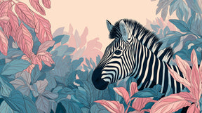 Detailed zebra jungle mural wallpaper design pattern with tropical leaves by Kids-Mundo