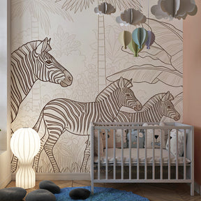 Tropical zebra mural wallpaper transforming playroom into African safari adventure space for kids