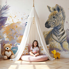 Zebra jungle mural wallpaper in modern nursery with natural wood furniture by Kids-Mundo