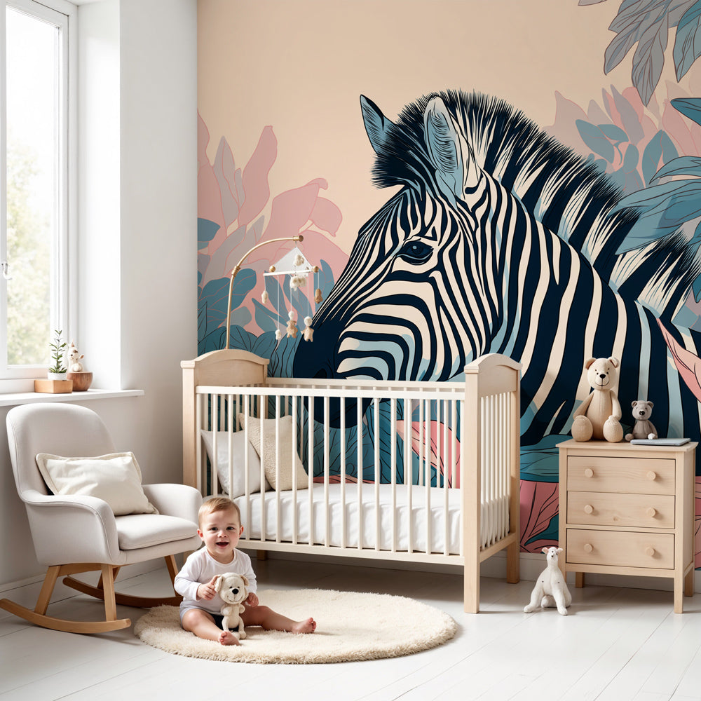Elegant zebra jungle mural wallpaper transforming modern nursery with safari theme by Kids-Mundo