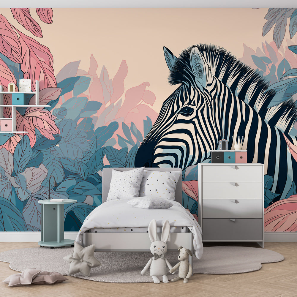Jungle animal mural wallpaper featuring zebra in children's playroom decor by Kids-Mundo