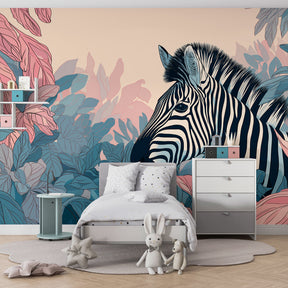 Jungle animal mural wallpaper featuring zebra in children's playroom decor by Kids-Mundo