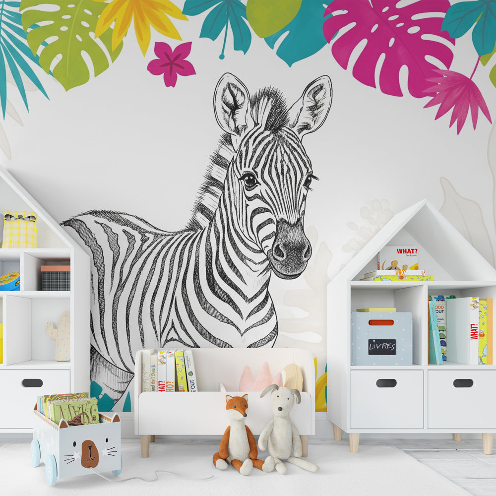 Safari animal mural wallpaper with zebra creating vibrant playroom decor for children