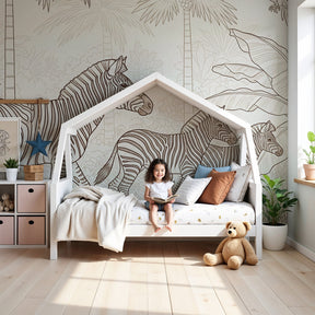 Zebra jungle mural wallpaper in modern safari-themed nursery with natural wood furniture by Kids-Mundo