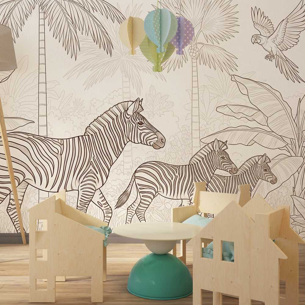 Safari zebra wallpaper creating wild adventure atmosphere in children's bedroom with beige tones