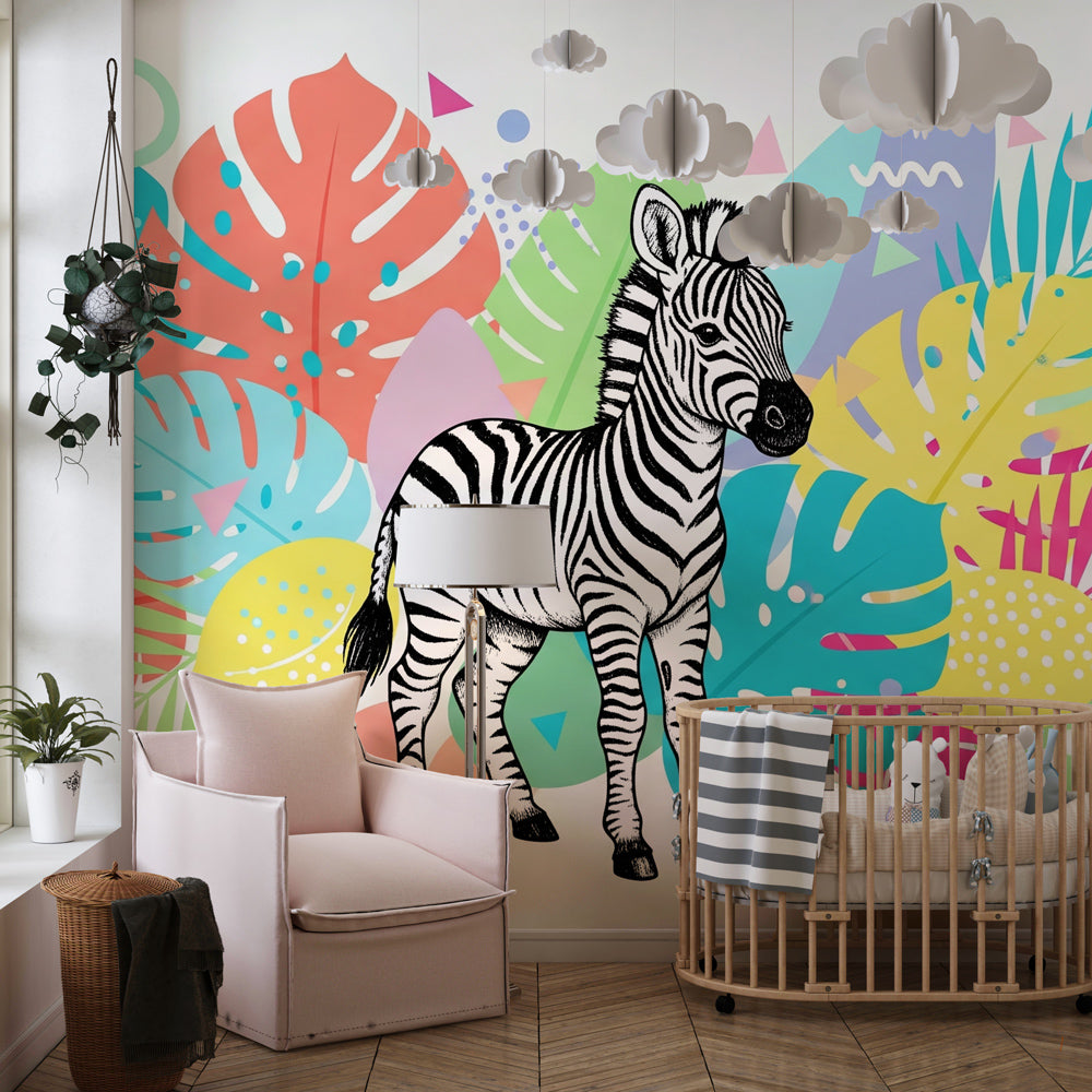 Tropical zebra mural wallpaper with vibrant foliage in bright kids room setting