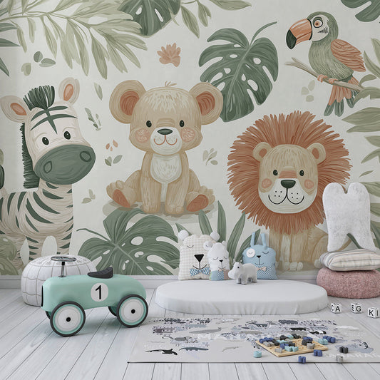 Kids-Mundo watercolour jungle wall mural with zebra and lion cub in a natural kids bedroom.