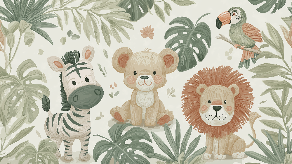 Kids-Mundo flat-artwork design of a zebra, lion cub and bear cub among monstera leaves with a parrot.