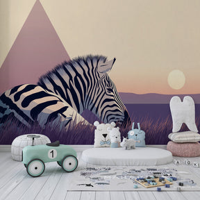 Safari zebra wallpaper creating peaceful children's bedroom atmosphere with sunset colors