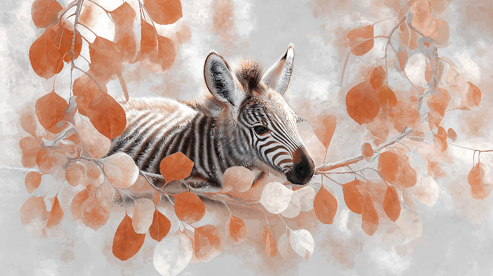 Detailed zebra and botanical foliage mural wallpaper design pattern showing artistic illustration by Kids-Mundo