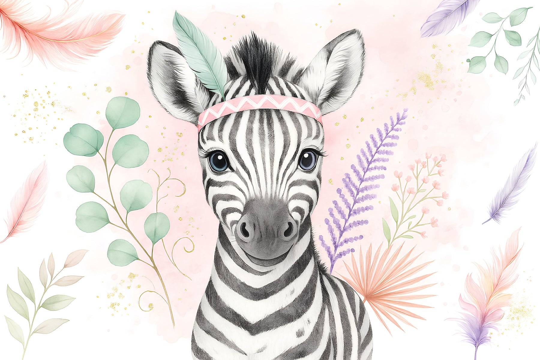 Detailed zebra with flower crown mural wallpaper design pattern by Kids-Mundo