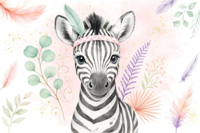 Detailed zebra with flower crown mural wallpaper design pattern by Kids-Mundo