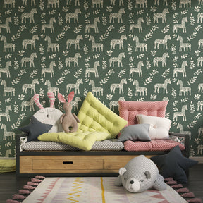 Green zebra safari wallpaper creating adventurous atmosphere in children's bedroom decor