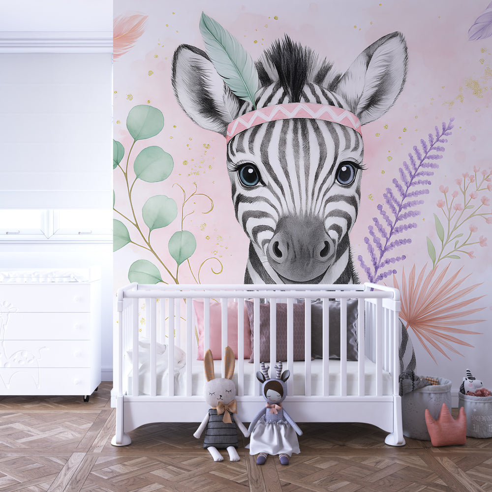Safari zebra mural wallpaper with flower crown in modern children's bedroom setting