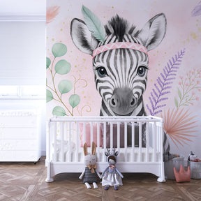 Safari zebra mural wallpaper with flower crown in modern children's bedroom setting
