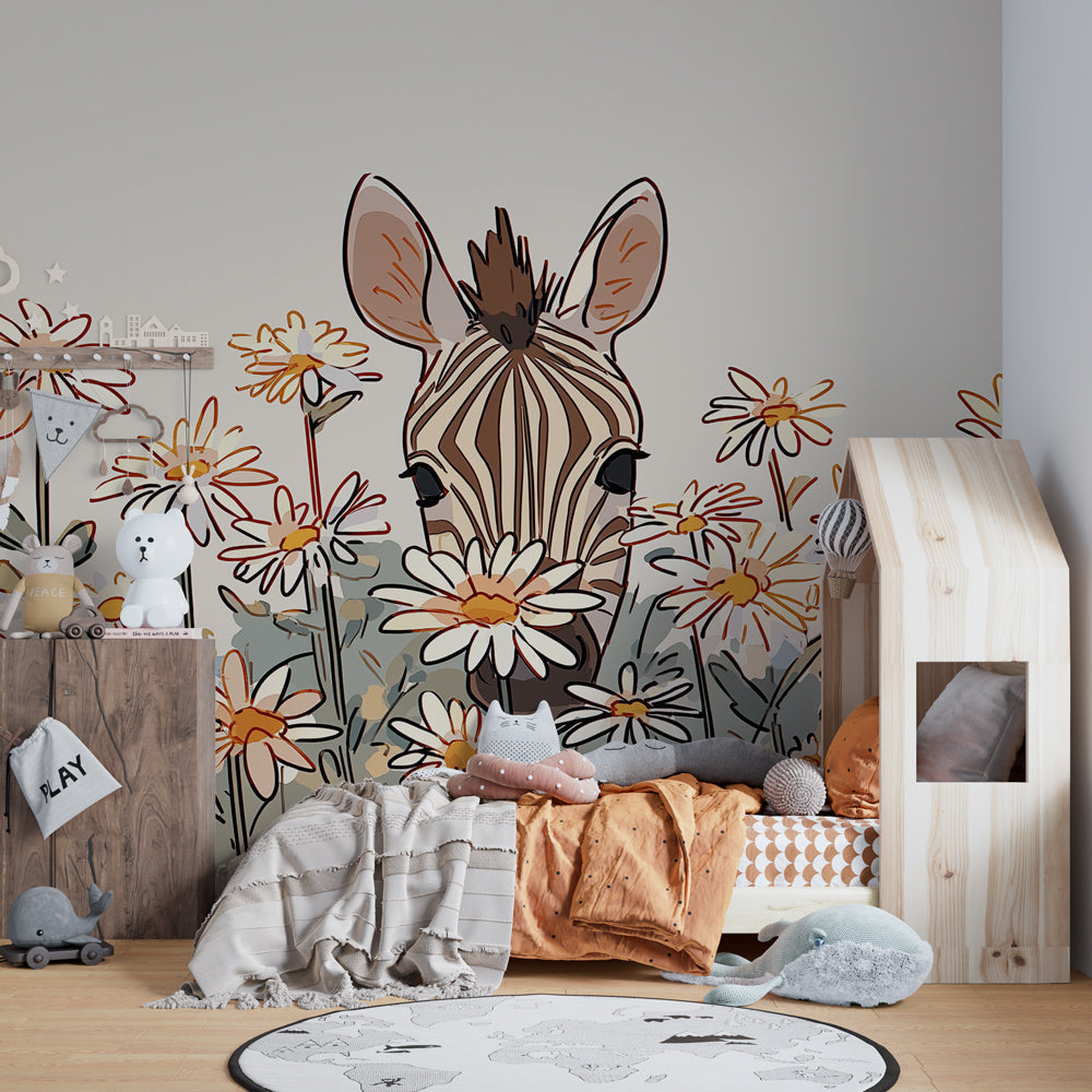 Whimsical zebra floral wallpaper creating magical children's bedroom decor