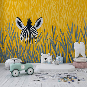Hidden zebra safari animal mural wallpaper in bright yellow kids bedroom setting
