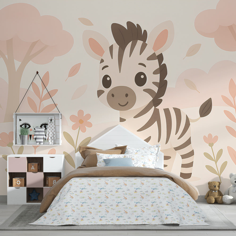 Safari zebra mural wallpaper in charming kids room with soft pastel botanical design