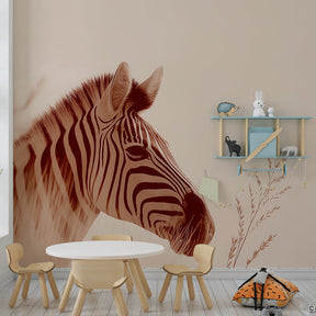 Soothing zebra mural wallpaper complementing neutral nursery decor and natural accessories
