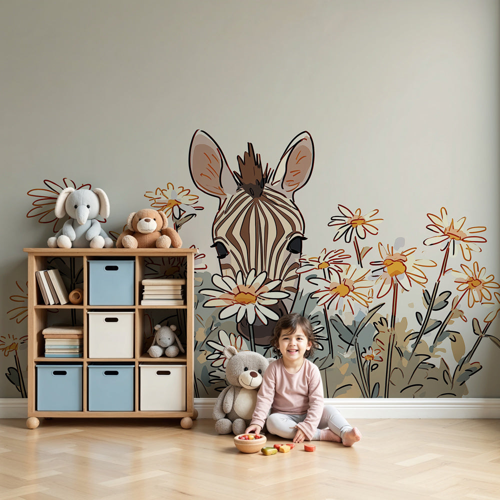 Curious zebra among flowers mural wallpaper in modern nursery room by Kids-Mundo