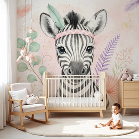 Zebra floral crown mural wallpaper creating whimsical nursery decor by Kids-Mundo