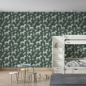 Safari zebra mural wallpaper transforming playroom into nature-inspired adventure space