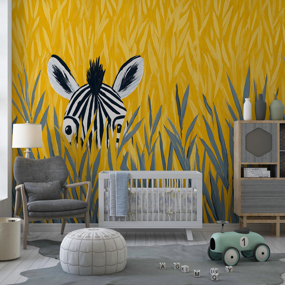 Safari zebra mural wallpaper transforming children's playroom with nature-themed wall decor