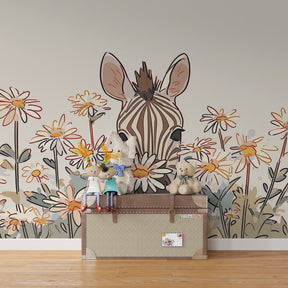 Nature-inspired zebra wallpaper transforming kids playroom into enchanting space
