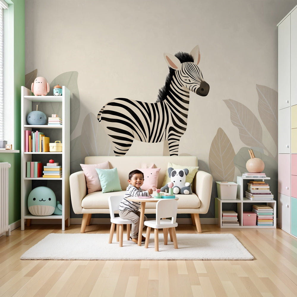 Zebra mural wallpaper creating safari-themed nursery decor with botanical elements by Kids-Mundo