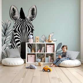 Zebra mural wallpaper creating elegant safari nursery decor with botanical elements by Kids-Mundo