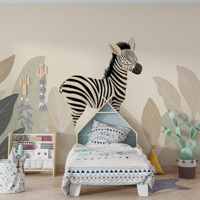 Charming zebra mural wallpaper transforming toddler room into African safari adventure space