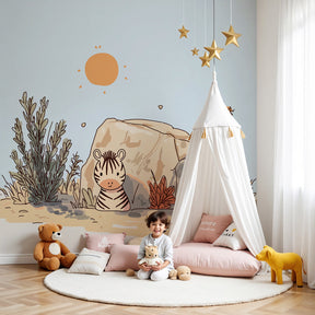 Little zebra and sunshine mural wallpaper creating peaceful children's bedroom decor