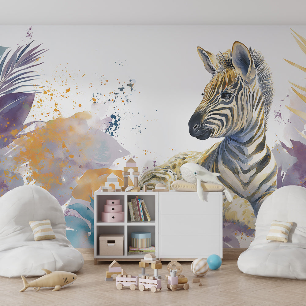 Colorful zebra safari wallpaper creating magical kids bedroom atmosphere with tropical leaves
