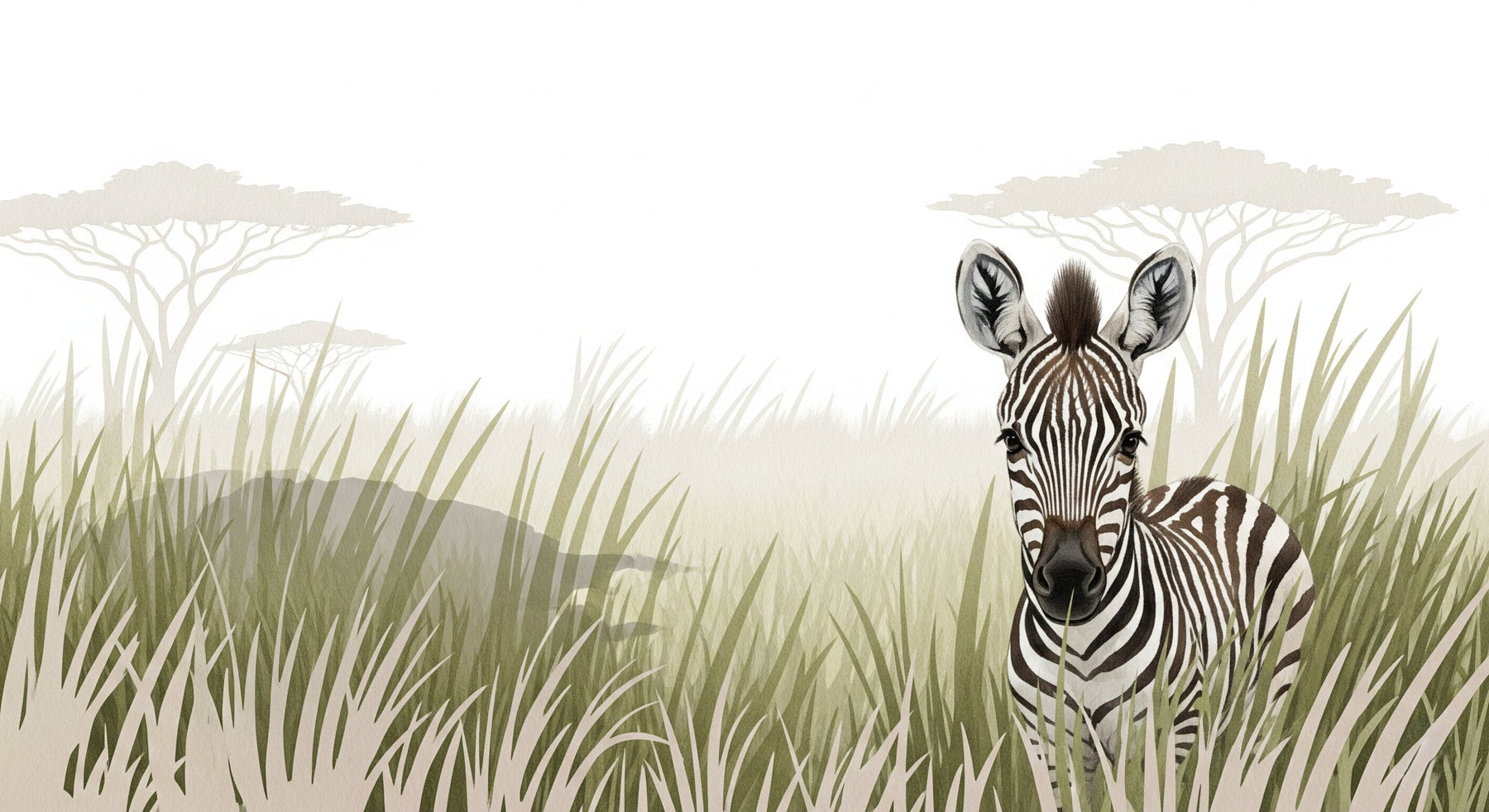 Detailed zebra safari mural wallpaper design pattern showing young zebra in savanna by Kids-Mundo