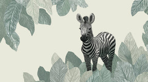 Detailed zebra among green foliage mural wallpaper design pattern by Kids-Mundo