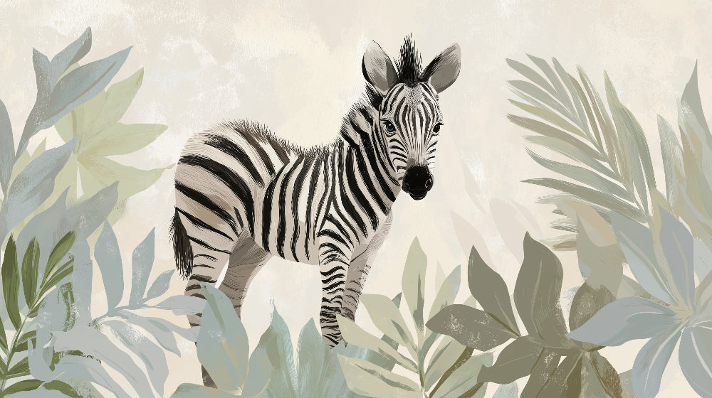 Detailed zebra and tropical leaves mural wallpaper design pattern showing safari theme by Kids-Mundo