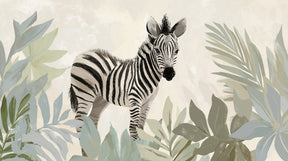 Detailed zebra and tropical leaves mural wallpaper design pattern showing safari theme by Kids-Mundo