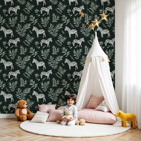 Zebra safari mural wallpaper in modern nursery with natural wood furniture by Kids-Mundo