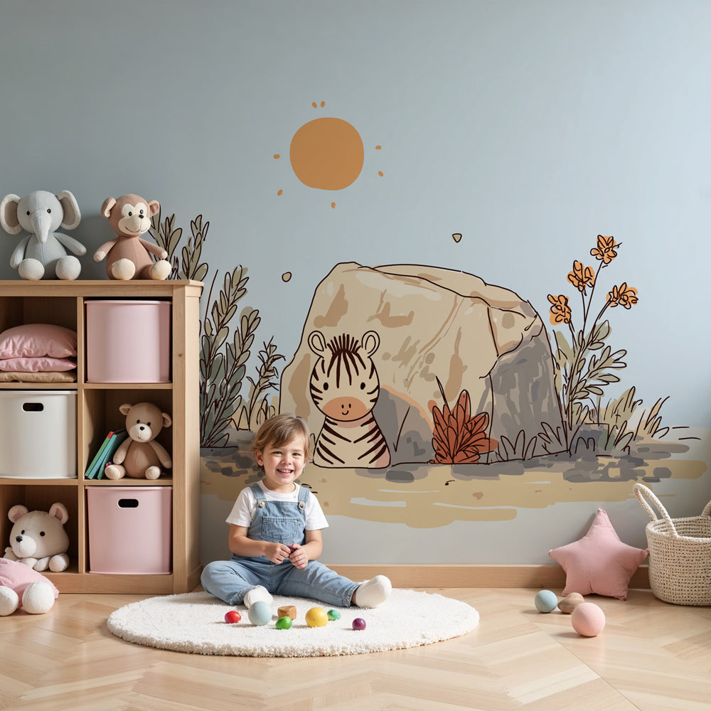 Zebra safari mural wallpaper in bright nursery with natural wood furniture by Kids-Mundo