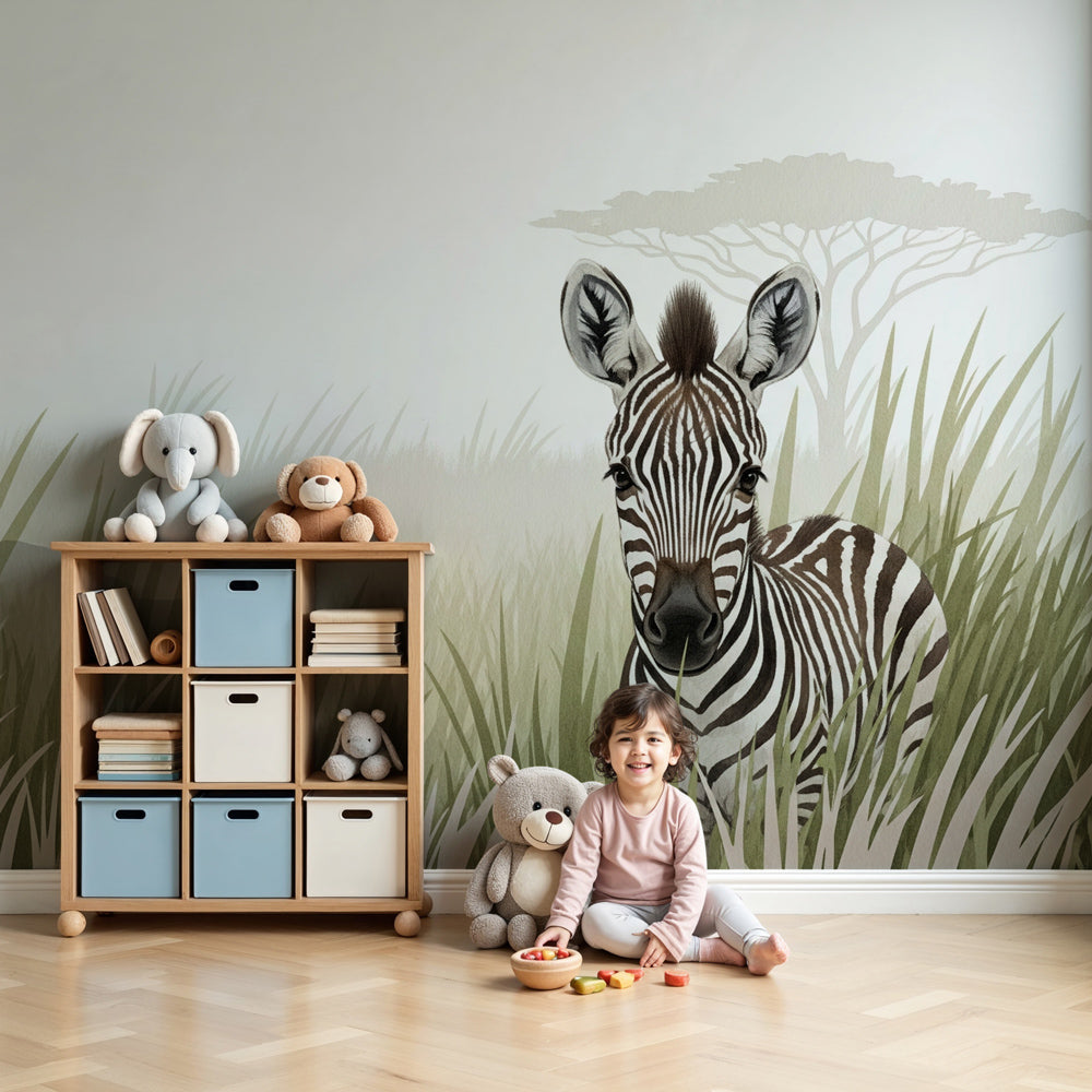 Zebra safari mural wallpaper decorating modern nursery with natural wood crib by Kids-Mundo