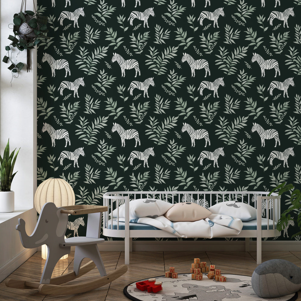 Animal-themed zebra mural wallpaper transforming children's playroom into safari adventure