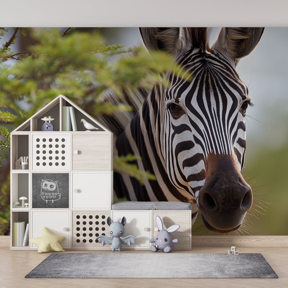 African savanna zebra mural wallpaper for children's playroom featuring lush botanical elements