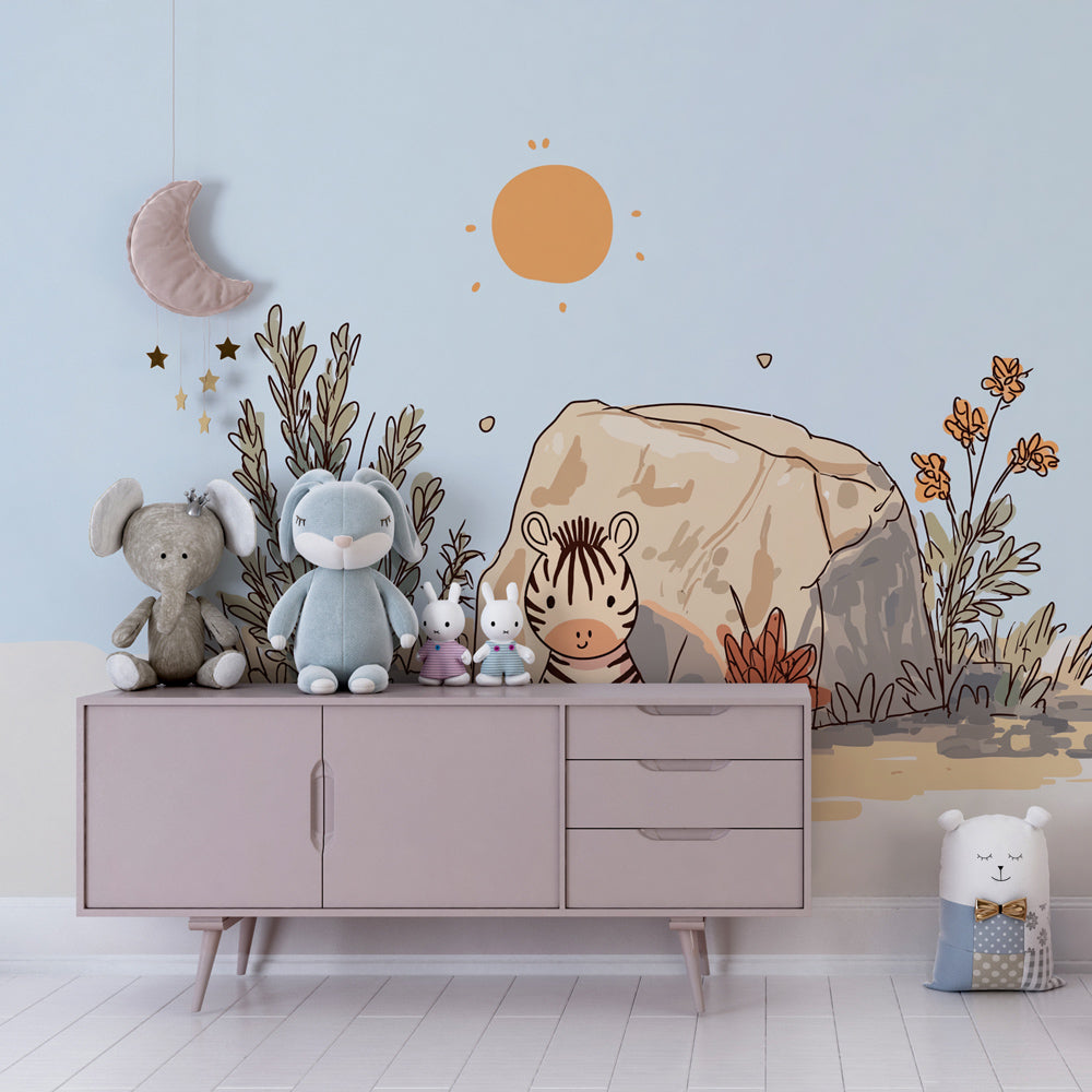Safari themed mural wallpaper with smiling sun perfect for kids playroom by Kids-Mundo