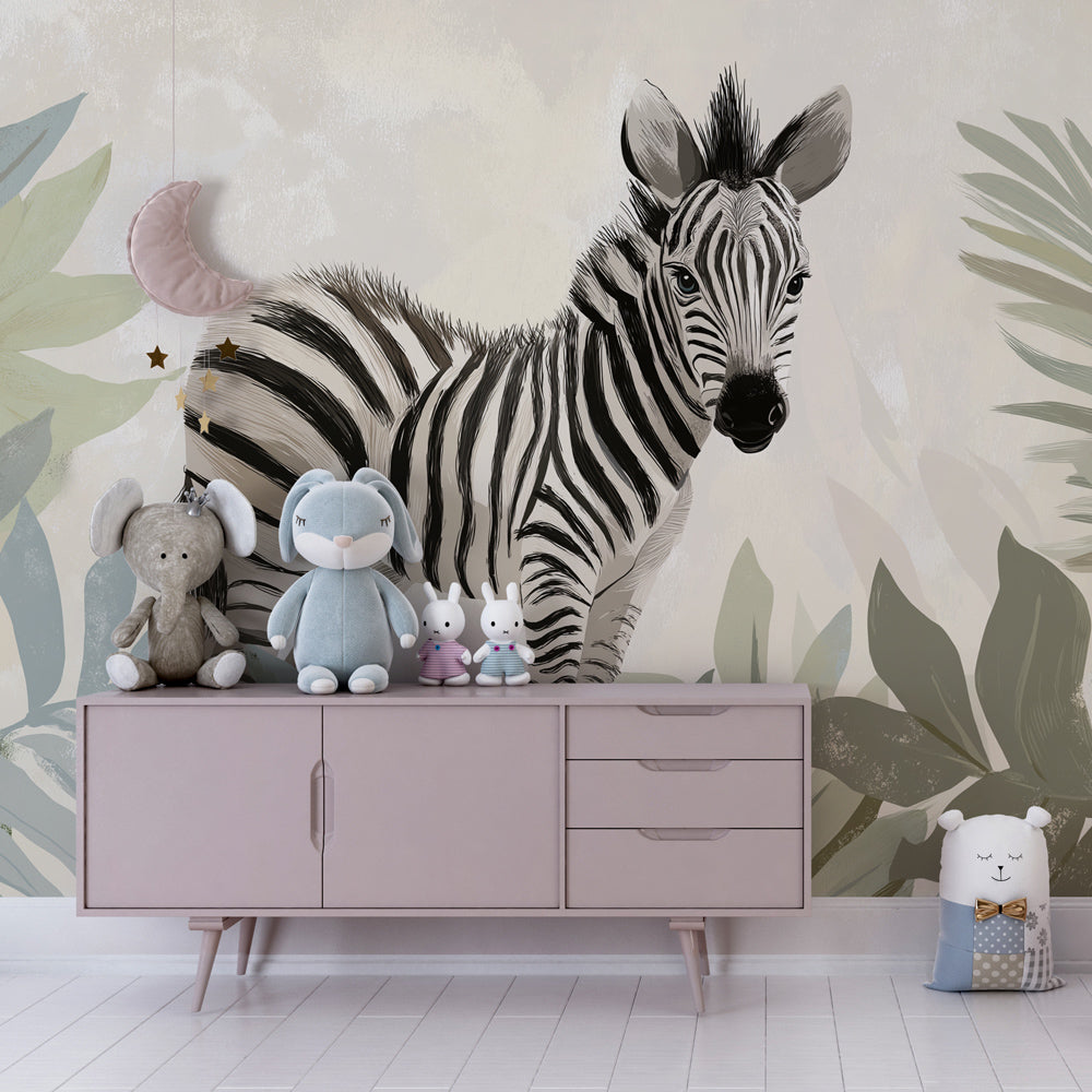Tropical zebra wallpaper transforming kids playroom with safari adventure theme by Kids-Mundo