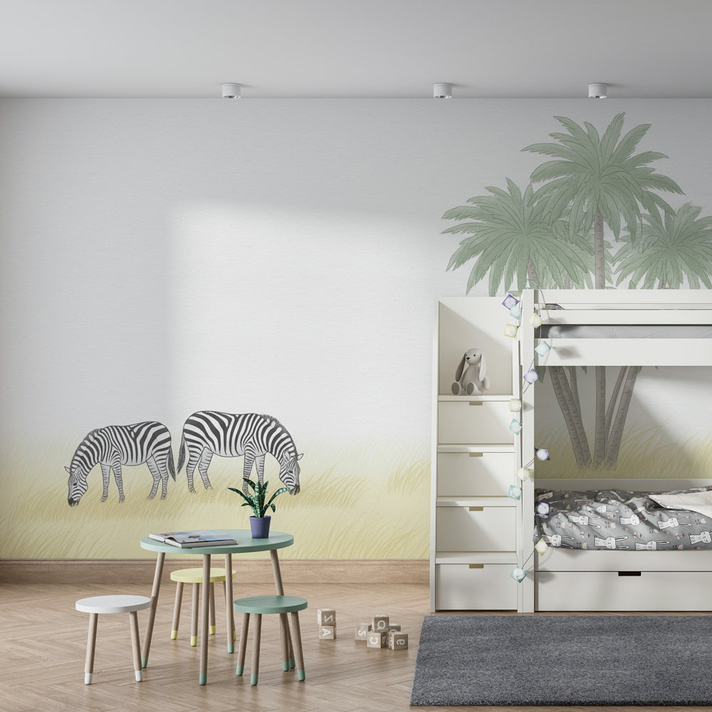 Safari zebra mural wallpaper creating tropical adventure theme in children's bedroom