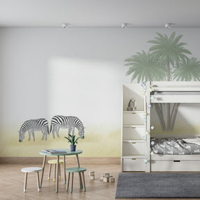 Safari zebra mural wallpaper creating tropical adventure theme in children's bedroom