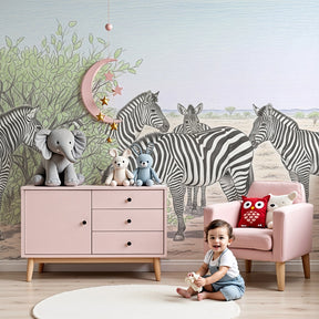 Zebra savanna mural wallpaper in modern nursery with natural wood furniture by Kids-Mundo
