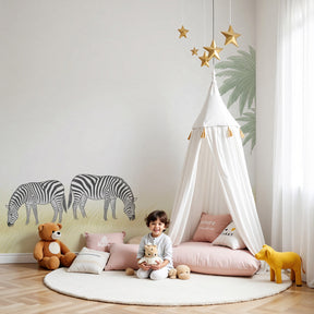 Zebra savanna mural wallpaper in bright nursery with natural wood crib by Kids-Mundo