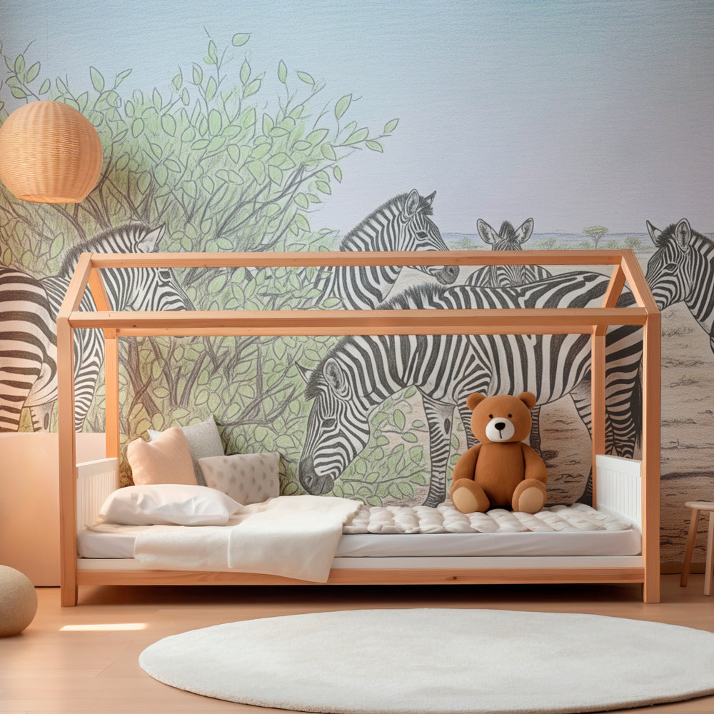 Zebra themed mural wallpaper transforming children's playroom into safari adventure space